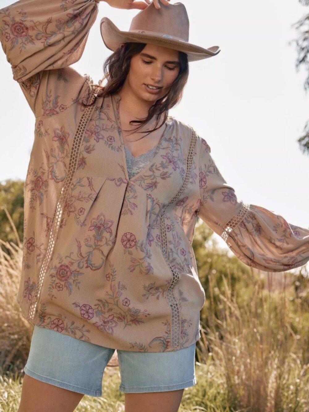 Torrid 1X Festi Gauze Tunic Floral Taupe